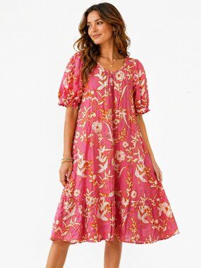 Olivia James the Label Floral Puff Sleeve Midi Dress in Pink & Orange M